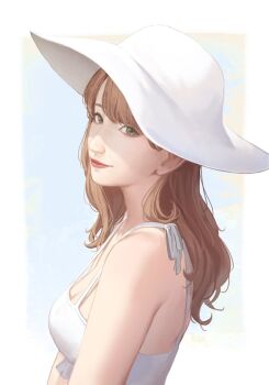 Rule 34 | 1girl, bare shoulders, breasts, brown hair, cleavage, commentary, dress, english commentary, from side, green eyes, hat, highres, keekihime, light smile, long hair, looking at viewer, real life, resu desu, simple background, solo, white background, white dress, white hat