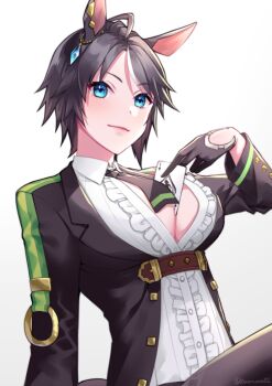 1girl ace_(playing_card) ace_of_spades ahoge akatsuki_(kuon) animal_ears between_breasts black_gloves black_hair black_jacket black_necktie black_pants blue_eyes blush breasts card center_frills center_opening cleavage closed_mouth collared_shirt commentary_request ear_ornament frilled_shirt frills fuji_kiseki_(shooting_star_revue)_(umamusume) fuji_kiseki_(umamusume) gloves holding holding_card horse_ears horse_girl horse_tail jacket large_breasts long_sleeves looking_at_viewer multicolored_hair necktie no_bra pants playing_card shirt short_hair simple_background smile solo spade_(shape) tail umamusume white_background white_hair white_shirt