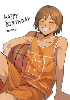 1boy 2025 :d ^_^ arm_support ball bare_arms bare_shoulders basketball_(object) blush brown_hair closed_eyes collarbone cowboy_shot dark-skinned_male dark_skin dated double-parted_bangs elbow_carry facing_viewer grin hair_behind_ear hair_between_eyes happy_birthday hashtag-only_commentary highres holding holding_ball kel_(faraway)_(omori) kel_(omori) knee_up male_focus omori open_mouth orange_shorts orange_tank_top short_hair shorts simple_background sitting smile solo tank_top wanosaku white_background