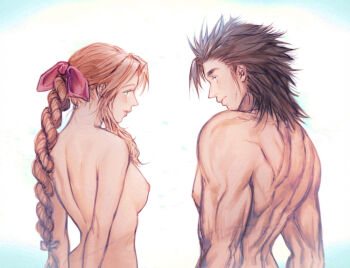 1boy 1girl aerith_gainsborough arms_behind_back black_hair bow braid braided_ponytail breasts brown_hair completely_nude crisis_core:_final_fantasy_vii facial_scar final_fantasy final_fantasy_vii from_behind hair_bow linono median_furrow medium_breasts muscular muscular_male nipples nude pectorals pink_bow scar scar_on_cheek scar_on_face upper_body zack_fair