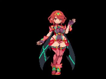 Rule 34 | 1girl, animated, black background, boots, bouncing breasts, breasts, brown gloves, chest jewel, core crystal (xenoblade), covered navel, fingerless gloves, full body, gem, gloves, green gem, impossible clothes, large breasts, leaning forward, looking at viewer, pixel art, pyra (xenoblade), red boots, red eyes, red hair, red shorts, red thighhighs, sesuji07, short hair, short shorts, shorts, simple background, smile, solo, standing, thighhighs, tiara, video, xenoblade chronicles (series), xenoblade chronicles 2