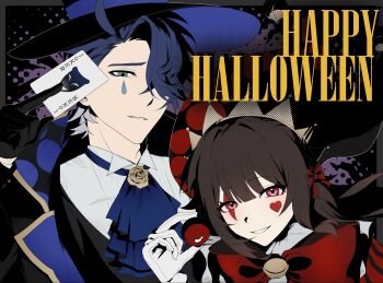 1boy 1girl alternate_costume ascot black_hair blue_ascot blue_hair bow card gloves green_eyes hair_bow hair_over_one_eye happy_halloween hat heart highres holding holding_card honkai:_star_rail honkai_(series) joker_(playing_card) kumei_(st_imeku_rl) looking_at_viewer playing_card red_bow red_eyes sampo_koski short_hair sparkle_(honkai:_star_rail) teardrop_facial_mark upper_body white_gloves