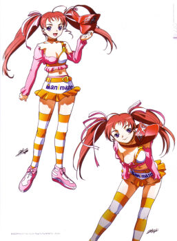 1990s_(style) 1girl absurdres artbook cyberformula future_gpx_cyber_formula highres hisayuki_hirokazu long_hair purple_eyes red_hair scan thighhighs twintails