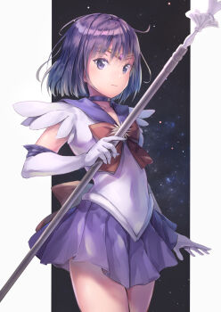 1girl bishoujo_senshi_sailor_moon bow bowtie brooch choker circlet collarbone collared_shirt cowboy_shot elbow_gloves glaive_(polearm) gloves hair_between_eyes highres holding holding_staff jewelry kyon_(kyouhei-takebayashi) miniskirt pleated_skirt polearm purple_choker purple_hair purple_sailor_collar purple_skirt red_bow red_bowtie sailor_collar sailor_saturn sailor_senshi_uniform sailor_shirt shirt short_hair silence_glaive skirt solo staff standing star_brooch tomoe_hotaru weapon white_gloves white_shirt