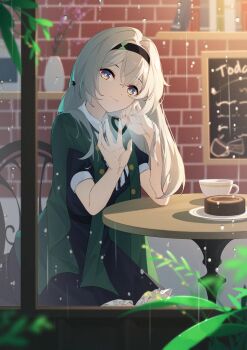 Rule 34 | 1girl, black dress, black hairband, black jacket, cafe, cake, collared shirt, cowboy shot, cup, dress, firefly (honkai: star rail), firefly (jepella rebellion) (honkai: star rail), food, grey hair, hair between eyes, hairband, highres, honkai: star rail, honkai (series), jacket, long hair, looking at viewer, multicolored eyes, neck ribbon, official alternate costume, qi di xiong, ribbon, shirt, smile, solo, teacup, two-tone eyes, waving