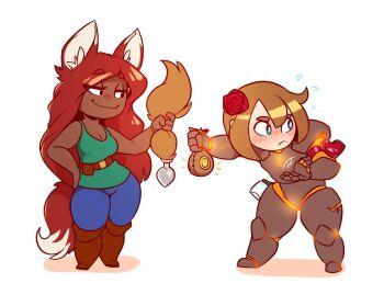 2girls anal_beads anal_tail animal_ears armor blue_pants blush breasts butt_plug cleavage dark-skinned_female dark_skin fake_tail fox_ears fox_tail full_armor green_hair huffslove long_hair medium_breasts money_bag multiple_girls pants player_character_(terraria) red_hair short_hair simple_background smug tail terraria white_background wide_hips zoologist_(terraria)
