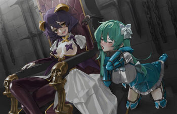 2girls ahoge aqua_hair bdsm blue_thighhighs bondage boots bound bow breasts chain chain_leash chair collar corset dominatrix dress femdom frilled_dress frills highres human_dog large_breasts leash long_hair magia_azure magia_baiser magical_girl mahou_shoujo_ni_akogarete medium_hair multiple_girls on_chair one_eye_closed open_mouth pasties pet_play restrained saaal653 shrug_(clothing) slave small_breasts stationary_restraints thighhighs throne tongue tongue_out white_bow yuri