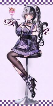 Rule 34 | 1girl, animal ears, arm warmers, asymmetrical legwear, black arm warmers, black hair, black nails, breasts, cat ears, cat tail, chest belt, choker, commentary, dress, food, high heels, highres, holding, holding tray, hololive, hololive english, kneehighs, lace, lace choker, large breasts, long hair, looking at viewer, miza8276, multicolored hair, name tag, parfait, shiori novella, side ponytail, single thighhigh, smile, socks, solo, split-color hair, striped arm warmers, striped clothes, striped dress, striped socks, symbol-only commentary, tail, thighhighs, tray, two-tone hair, vertical-striped clothes, vertical-striped dress, virtual youtuber, waitress, white hair, yellow eyes