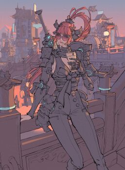 2024 against_railing architecture arm_at_side arm_support armor artist_name black_pants black_ribbon black_rope black_sash black_tank_top black_trim blunt_bangs breasts bridge bubble_tea city cloud commentary copyright_notice cup cyberpunk cyborg dated day disposable_coffee_cup disposable_cup drinking drinking_straw drinking_straw_in_mouth east_asian_architecture emblem english_commentary eyes_visible_through_eyewear feet_out_of_frame floating_clothes hair_ornament hand_up high_ponytail highres hip_armor holding holding_cup japanese_armor leaning long_hair looking_to_the_side mechanical_arms mechanical_collar medium_breasts mountainous_horizon orange-tinted_eyewear orange_hair orange_lips original outdoors pants pom_pom_(clothes) ponytail railing redesign ribbon river rope rope_around_waist round_eyewear samurai sash science_fiction shoulder_armor sideboob sidelocks sky stairs standing steampunk sword sword_on_back taiwan tank_top tinted_eyewear turning_head unfinished waist_ribbon water weapon weapon_on_back yin_yang yu_cheng_hong zipper