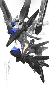 1girl absurdres black_visor blue_eyes bodysuit breasts grey_bodysuit grey_hair highres kulipasi looking_at_viewer medium_breasts original simple_background solo thighs translation_request white_background