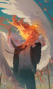 Rule 34 | 1boy, androgynous, angel, angel devil (chainsaw man), angel wings, black jacket, black necktie, business suit, chainsaw man, cityscape, collared shirt, commentary request, covering own mouth, cowboy shot, feathered wings, floating clothes, floating hair, formal clothes, glowing, glowing halo, hair between eyes, halo, hand up, highres, jacket, long hair, looking to the side, male focus, necktie, red eyes, red hair, shirt, shirt tucked in, solo, suit, suit jacket, traditional halo, white shirt, white wings, wings, yureith