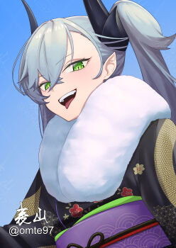 1girl absurdres black_kimono breasts crossed_bangs demon_girl demon_horns fate/grand_order fate_(series) fur_collar green_eyes grey_hair hair_between_eyes highres horns japanese_clothes kimono lilith_(fate) long_hair looking_at_viewer medium_breasts obi omte97 open_mouth pointy_ears sash smile solo tongue tongue_out twintails very_long_hair