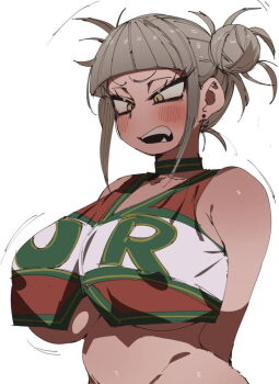 1girl arms_behind_back bare_shoulders blonde_hair blunt_bangs blush boku_no_hero_academia breasts cheerleader choker crop_top crop_top_overhang double_bun earrings hair_bun huge_breasts jewelry messy_hair narrowed_eyes navel no_bra open_mouth short_hair sidelocks simple_background solo teeth toga_himiko underboob underwear upper_body white_background yellow_eyes