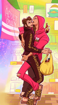 2boys animal_print ass bag beard bottle brown_eyes brown_hair commentary couple deadpool deadpool_&amp;_wolverine deadpool_(series) facial_hair full_body grabbing_another's_ass groping hand_hair highres holding holding_bag hood hood_up hoodie long_sleeves looking_at_another marvel marvel multiple_boys muscular muscular_male om85549 one_eye_closed open_mouth pants sandals scar scars_all_over short_hair teeth too_many torn_clothes torn_pants wolverine_(x-men) x-men yaoi