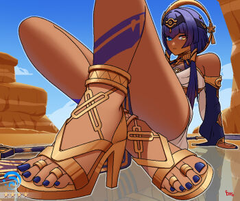 1girl arm_support artist_logo blue_eyes blue_nails blue_sky candace_(genshin_impact) circlet commentary crop_top crossed_ankles desert detached_sleeves english_commentary feet foot_focus full_body genshin_impact gold_sandals gold_trim gradient_sky halterneck heterochromia high_heels jewelry leg_tattoo light_smile logo long_hair long_sleeves looking_at_viewer low_twintails mohoshadream nail_polish outdoors outline pelvic_curtain purple_hair sandals sidelocks sitting sky solo star_(symbol) tattoo toe_ring toenail_polish toenails twintails v-bangs white_outline yellow_eyes