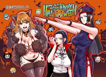 3girls absurdres animal_ears boa_hancock bodypaint breasts brook_(one_piece) china_dress chinese_clothes claw_pose curvy dress elbow_gloves fake_animal_ears franky_(one_piece) gloves halloween halloween_costume highres huge_breasts jiangshi jiangshi_costume jinbe_(one_piece) long_hair monkey_d._luffy multiple_girls nami_(one_piece) nico_robin one_piece outstretched_arms revealing_clothes roronoa_zoro sanji_(one_piece) shiny_skin shoulder_tattoo smile tattoo thong tony_tony_chopper usopp vampire vampire_costume wide_hips zombie_pose