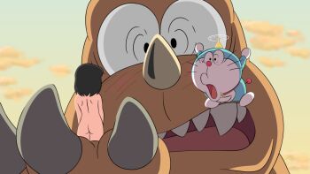 ass ass_focus back bad_tag bare_back cloud completely_nude dinosaur doraemon doraemon_(character) loli medium_hair minamoto_shizuka na2013 nobi_nobita nude sunset transformation