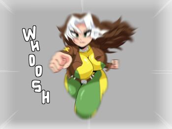 1girl action_lines breasts carliabot green_eyes huge_breasts marvel marvel_rivals motion_blur multicolored_hair rogue_(x-men) solo x-men
