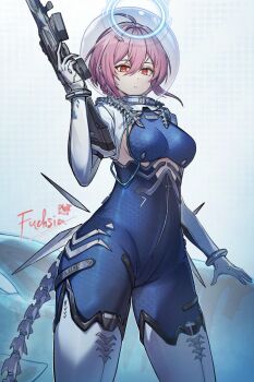 ahoge bob_cut bodysuit breasts fins fish_tail fishbowl_helmet from_behind fuchsia_(marine_enigma)_(strinova) fuchsia_(strinova) gun hair_ornament hairclip halo hand_up holding holding_weapon looking_at_viewer medium_breasts pink_hair red_eyes rifle shark_girl shark_hair_ornament shark_tail shishui_guima short_hair sideboob simple_background skin_tight standing strinova tail weapon