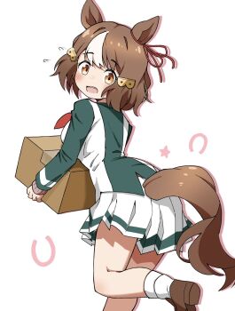 1girl animal_ears belno_light_(umamusume) bow breasts brown_hair ear_ornament ear_ribbon hair_ornament highres horse_ears horse_girl horse_tail horseshoe horseshoe_ornament jacket letter_hair_ornament long_sleeves looking_at_viewer multicolored_hair multicolored_jacket open_mouth school_uniform short_hair sketchyou1 solo tail tracen_school_uniform two-tone_hair two-tone_jacket umamusume umamusume:_cinderella_gray white_hair
