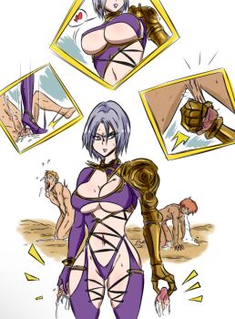 1girl 2boys ball_busting breasts castration cum ejaculation grey_hair heart isabella_valentine multiple_boys ocigart soul_calibur spoken_heart squeezing_testicles stepped_on testicles underboob