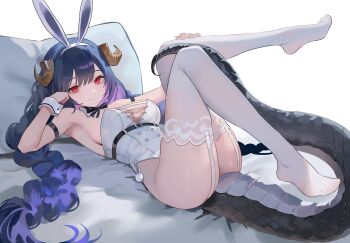 1girl absurdres animal_ears arm_strap armpits ass bare_shoulders black_hair bow bowtie braid breasts cleavage closed_mouth commission detached_collar dragon_girl dragon_horns dragon_tail dungeon_and_fighter fake_animal_ears garter_straps hairband head_rest highleg highleg_leotard highres horns legs_up leotard long_hair looking_at_viewer lying medium_breasts nbee_ya no_shoes on_back original pillow playboy_bunny rabbit_ears red_eyes smile solo tail thighhighs twin_braids twintails very_long_hair white_leotard white_thighhighs wrist_cuffs