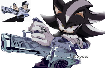 1boy aiming aiming_at_viewer aliasing alternate_costume alternate_eye_color alternate_hair_color animal_ears animal_nose artist_name black_fur black_hair body_fur cosplay death_the_kid death_the_kid_(cosplay) derivative_work dual_wielding furry furry_male gloves gun handgun highres holding holding_gun holding_weapon jewelry long_hair looking_at_viewer male_focus multicolored_hair multiple_rings official_art_inset ring shadow_the_hedgehog shapam_(zeepgalae) simple_background skull_ring solo sonic_(series) soul_eater spiked_hair streaked_hair twitter_username two-tone_hair upper_body watermark weapon white_background white_gloves white_hair yellow_eyes