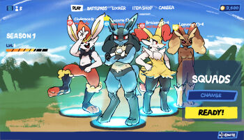 2boys 2girls braixen breasts cinderace commentary crossover english_commentary fortnite furry furry_female furry_male gen_4_pokemon gen_6_pokemon gen_8_pokemon lopunny lucario medium_breasts multiple_boys multiple_girls netchy_boo nintendo pokemon standing user_interface