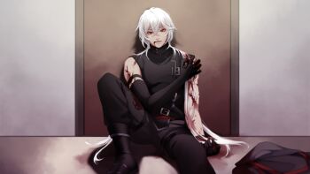 1boy a_date_with_death against_door belt black_gloves blood blood_on_arm blood_on_face blood_on_mouth casper_(a_date_with_death) crossed_bangs elbow_gloves foot_out_of_frame full_body gloves hand_on_own_arm highres holding_own_arm jacket jellyfish_cut knee_up looking_at_viewer male_focus medium_hair multiple_belts non-web_source official_art on_ground outstretched_leg red_eyes shadow single_elbow_glove sleeveless sleeveless_turtleneck solo spotlight spread_fingers turtleneck unworn_jacket variant_set white_hair