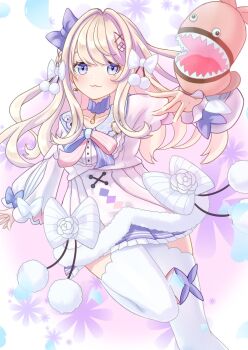 Rule 34 | 1girl, :3, blue bow, blue choker, blue eyes, blue ribbon, blue skirt, blush, bow, braid, choker, coat, collarbone, commentary, diamond hair ornament, earrings, fingernails, floral background, flower ornament, frilled sleeves, frills, gem (symbol), hair bow, hair intakes, hair ornament, hairclip, highres, indie virtual youtuber, jewelry, leg up, light brown hair, long hair, long sleeves, multicolored ribbon, nail polish, ossannoa, pendant, pendant choker, pink coat, pink ribbon, pom pom (clothes), ribbon, rose ribbon, skirt, sleeves past wrists, smile, solo, thighhighs, virtual youtuber, watagashi unou, white background, white bow, white nails, x hair ornament