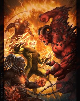 4boys bodysuit brown_bodysuit chain claw_(weapon) claws clenched_hands clenched_teeth colored_sclera colored_skin comic_cover commentary covered_abs daken dark-skinned_male dark_skin demon_boy dreadlocks english_commentary fighting fire flaming_skull glowing glowing_eyes hell_hulk hellverine highres horns jamie_doeden kunkka leon_townsend male_focus marvel multicolored_bodysuit multiple_boys no_pupils obliques official_art orange_sclera profile red_skin sharp_teeth shoulder_cannon skull superhero_costume teeth topless_male twitter_username weapon white_hair wolverine_(x-men) x-men yellow_bodysuit