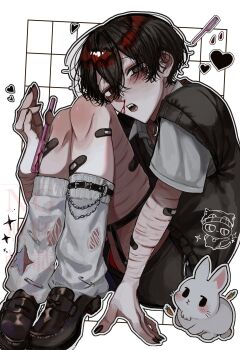 1boy @_@ aegyo_sal bandaid bandaid_on_arm bandaid_on_leg black_eyes black_hair black_nails black_vest blood commentary_request crossed_bangs double-parted_bangs eyebrow_razor fang full_body hair_between_eyes head_tilt highres hosikage4040 knees_up leg_belt legs_together looking_at_viewer male_focus nosebleed open_mouth original rabbit razor scar scar_on_arm self-harm shirt short_hair socks solo t-shirt variant_set vest white_shirt white_socks wrist_cutting