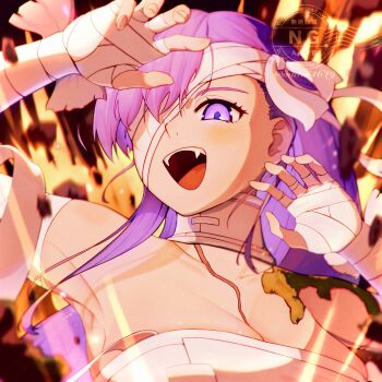1girl absurdres bandage_over_one_eye bandaged_arm bandaged_head bandages bare_shoulders blush breasts cleavage commentary_request fate/grand_order fate_(series) highres kingprotea_(fate) long_hair looking_at_viewer medium_breasts moss mutai4649 naked_bandage open_mouth purple_eyes purple_hair smile solo very_long_hair