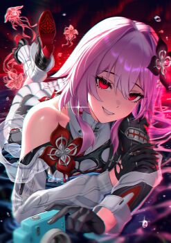 1girl absurdres asymmetrical_clothes black_flower black_gloves black_shoes breasts bubble camera chromatic_aberration commentary cruzvu earrings english_commentary evernight_(honkai:_star_rail) flower glint gloves hair_between_eyes hair_flower hair_ornament hairclip highres holding holding_camera honkai:_star_rail honkai_(series) jellyfish jewelry long_hair long_sleeves looking_at_viewer lying march_7th_(honkai:_star_rail) medium_breasts on_stomach paid_reward_available parallel_hairclips parted_lips pink_hair red_eyes shoes single_bare_shoulder smile solo the_pose