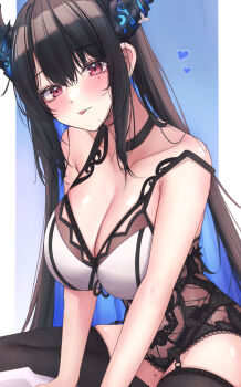 1girl :p absurdres alternate_costume asymmetrical_horns black_choker black_hair black_leotard black_thighhighs blue_hair breasts choker cleavage colored_inner_hair flower garter_straps highres hololive hololive_english horn_flower horns lace-trimmed_leotard lace_trim large_breasts leotard long_hair looking_at_viewer mofu07519 mole mole_under_eye multicolored_hair nerissa_ravencroft purple_eyes sidelocks simple_background sitting slit_pupils solo straight_hair thighhighs tongue tongue_out uneven_horns very_long_hair virtual_youtuber white_leotard