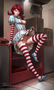1girl apron aqua_shoes artist_name bad_id bad_tumblr_id blue_eyes blue_nails blue_ribbon blue_shoes body_freckles braid breasts breasts_out burger closed_mouth clothes_lift commentary detached_sleeves dress dress_lift english_commentary eyebrows female_focus female_pubic_hair fingernails food footwear_bow freckles full_body garter_belt garter_straps hair_ribbon highres indoors kitchen knee_up leg_lift lifting_own_clothes light_smile lips long_hair looking_away looking_to_the_side medium_breasts nail_polish nipples no_bra no_panties nose open_clothes patreon_username pinstripe_dress pinstripe_pattern product_girl pubic_hair puffy_short_sleeves puffy_sleeves pussy red_garter_belt red_hair ribbon shoes short_sleeves solo stirrup_legwear striped_clothes striped_dress striped_sleeves striped_thighhighs tarakanovich thighhighs toeless_legwear twin_braids twintails uncensored vertical-striped_clothes vertical-striped_dress waist_apron watermark web_address wendy's wendy_(wendy's)