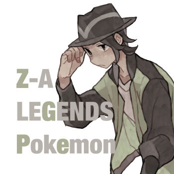 1boy absurdres black_hair black_hat green_jacket hand_up hat highres ichi_kawa_ichi jacket leaning_forward nintendo open_clothes open_jacket paxton_(pokemon) pokemon pokemon_legends:_z-a short_hair solo striped_hat white_background