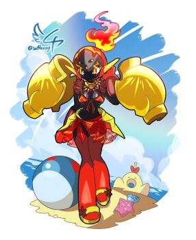 1girl armarouge armor artist_name ball beach beachball black_helmet black_skin blue_sky blush breasts colored_skin dappled_sunlight facing_viewer floating_armor glowing glowing_eyes hand_on_own_head helmet highres horizon humanization looking_to_the_side medium_breasts midriff nintendo outdoors pauldrons pink_skirt pleated_skirt plume pokemon pokemon_(creature) pokemon_focus red_eyes red_skin sandals shoulder_armor signature skirt sky small_breasts starfish sufferay sunlight swimsuit transparent_background walking_towards_viewer yellow_armor yellow_sandals