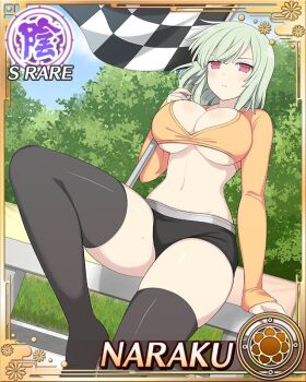 1girl black_shorts black_thighhighs bob_cut border breasts card_(medium) character_name checkered_flag cleavage closed_mouth day flag game_cg green_hair groin holding holding_flag large_breasts leg_up light_frown long_sleeves looking_at_viewer medium_hair mole mole_on_thigh naraku_(senran_kagura) navel official_art on_railing orange_shirt outdoors pink_eyes race_queen railing senran_kagura senran_kagura_new_wave shirt short_shorts shorts sitting skindentation solo thighhighs third-party_source underboob
