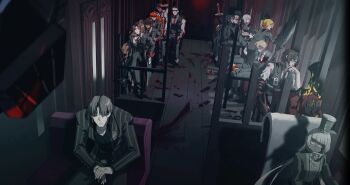 1other 6+boys 6+girls artist_request baseball_bat black_hair blonde_hair blood blue_eyes brown_hair bus_interior charon_(project_moon) closed_eyes closed_mouth dante_(limbus_company) don_quixote_(project_moon) everyone faust_(project_moon) formal_clothes glasses green_eyes gregor_(project_moon) grey_hair grey_jacket grey_pants grey_vest heathcliff_(project_moon) highres hong_lu_(project_moon) ishmael_(project_moon) jacket lance limbus_company long_hair mephistopheles_(project_moon) meursault_(project_moon) multiple_boys multiple_girls necktie non-web_source object_head open_mouth orange_hair outis_(project_moon) pants parted_lips polearm project_moon red_eyes red_necktie rodion_(project_moon) ryoshu_(project_moon) short_hair sinclair_(project_moon) suit suit_jacket sword vellmori vergilius_(project_moon) very_long_hair very_short_hair vest waistcoat weapon white_hair yi_sang_(project_moon)