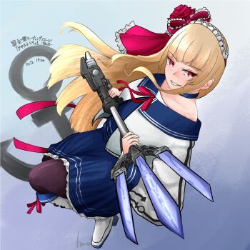 Rule 34 | 1girl, anchor, anchor print, artist name, assault lily, bare shoulders, blonde hair, blue background, blue choker, blue sailor collar, blue shirt, blue skirt, boots, bow, choker, commentary, floating hair, frilled bow, frilled hairband, frilled skirt, frills, full body, gradient background, grey background, grin, hair bow, hairband, hands up, haneda (haneda n2), highres, holding, holding polearm, holding weapon, knee boots, long hair, long sleeves, looking at viewer, morishita miyabi, neck ribbon, off-shoulder shirt, off shoulder, pantyhose, parted lips, polearm, print shirt, purple pantyhose, red bow, red eyes, red ribbon, ribbon, sailor collar, school uniform, serafuku, shirt, sidelocks, skirt, smile, solo, striped clothes, striped skirt, translation request, trident, v-shaped eyebrows, very long hair, weapon, white boots, white hairband