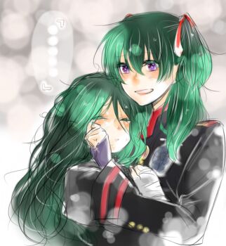 Rule 34 | ..., 2girls, abstract background, age comparison, badge, bandaged arm, bandages, black jacket, black order uniform, blush, buttons, clenched hand, closed eyes, colored eyelashes, comforting, cross, crying, d.gray-man, dual persona, eyelashes, facing another, fingerless gloves, gloves, gradient background, green hair, grey background, hair between eyes, hair over shoulder, hair ribbon, hug, jacket, kozuuu, lenalee lee, long hair, long sleeves, looking at another, messy hair, military, military uniform, multiple girls, parted lips, purple eyes, purple gloves, red ribbon, ribbon, sidelocks, single glove, smile, speech bubble, striped clothes, striped jacket, tears, time paradox, turtleneck, turtleneck jacket, two side up, vertical-striped clothes, vertical-striped jacket, white background, wide sleeves, wiping tears