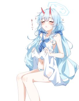 1girl absurdres bare_legs blue_archive blue_hair blue_neckerchief blush chise_(blue_archive) closed_eyes clothes_lift commentary cone_horns dress dress_lift feet_out_of_frame flying_sweatdrops hair_ornament hair_scrunchie halo highres horns kabocya_na lifting_own_clothes long_hair navel neckerchief panties sailor_dress scrunchie simple_background sitting sleeveless sleeveless_dress solo stomach sweat sweaty_clothes translation_request twintails underwear very_long_hair white_background white_panties