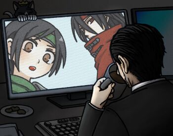 1girl 2boys black_fur black_hair black_suit brown_eyes cait_sith_(final_fantasy) cat cloak collared_shirt computer_keyboard crown cup drinking facial_hair final_fantasy final_fantasy_vii final_fantasy_vii_rebirth final_fantasy_vii_remake formal_clothes gloves goatee green_headband green_shirt hair_between_eyes headband holding holding_cup jacket long_hair mini_crown monitor multiple_boys open_mouth red_cloak red_eyes red_headband reeve_tuesti s_m_man shirt short_hair suit suit_jacket surveillance tuxedo_cat two-tone_fur upper_body vincent_valentine white_fur white_gloves white_shirt yuffie_kisaragi