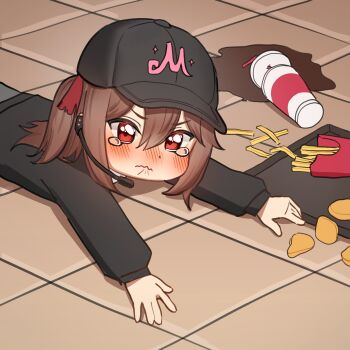 1girl absurdres apu_spills_his_tendies_(meme) black_cardigan black_hat brown_hair cardigan chicken_nuggets closed_mouth dropped_food evil_neuro-sama food french_fries from_above from_side hair_between_eyes hair_ribbon hashtag-only_commentary hat highres lavidi long_hair long_sleeves looking_at_viewer lying meme microphone neuro-sama on_stomach red_eyes red_ribbon ribbon sad solo teardrop two_side_up upper_body vedal_ai