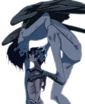 2boys animal_feet bird_legs black_eyes black_hair black_wings chino_(sky_tanosi) claws commentary_request completely_nude constricted_pupils emaciated feathered_wings fingernails harpy_boy highres hollow_eyes looking_at_another male_focus monster_boy multiple_boys nude original sharp_fingernails short_hair simple_background skinny white_background wings