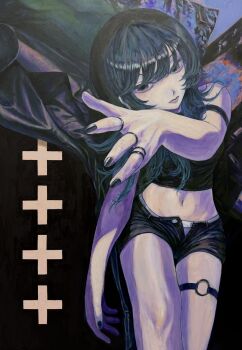 1girl absurdres arm_up bare_shoulders black_eyes black_hair black_nails black_shirt black_shorts black_tank_top breasts closed_mouth cowboy_shot cross dark_background eyelashes grey_panties highres jewelry long_hair looking_to_the_side lui_n24 midriff multiple_rings navel nose open_fly original panties purple_lips ring shirt shorts small_breasts solo tank_top thigh_strap traditional_media underwear