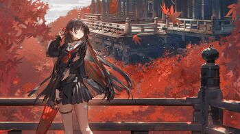 1girl arm_cutout black_choker black_hair black_jacket black_serafuku black_shirt black_skirt chisa_(wuthering_waves) choker closed_mouth closed_umbrella clothing_cutout hair_ribbon hand_up holding holding_umbrella jacket leaf long_hair long_sleeves neckerchief official_art oil-paper_umbrella orange_eyes red_neckerchief red_ribbon ribbon sailor_collar school_uniform serafuku shirt skirt solo thigh_strap umbrella very_long_hair white_sailor_collar wind wuthering_waves