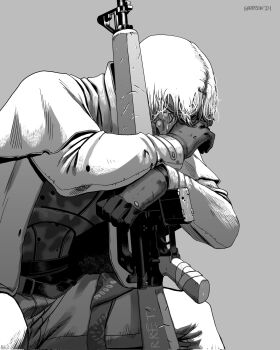 1boy ar-15 assault_rifle body_armor coat commentary crying decomposedtaco english_text fallout fallout:_new_vegas gloves grey_background greyscale gun highres jacket leaning_on_weapon long_sleeves magazine_(weapon) male_focus monochrome pants randall_clark rifle signature simple_background sitting solo tears trench_coat weapon