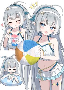1girl absurdres aoraine ball beachball bikini blue_eyes female_tyrant_(stella_sora) flat_chest grey_hair highres innertube multiple_views pointy_ears stella_sora swim_ring swimsuit tyrant_(stella_sora)